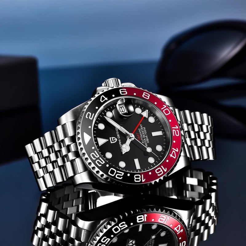 PAGANI DESIGN ساعة باجاني ديزاين أوتوماتيكية ميكانيكية للرجال GMT - مقاومة للماء حتى 100م مع إطار سيراميك وأيدي مضيئة (يوبيل-أسود أحمر) - Image 3